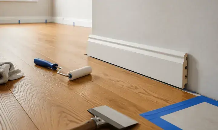 Parquet: finitions, plinthes et seuils Parquet posé avec plinthes, seuil et finition propre en pied de mur