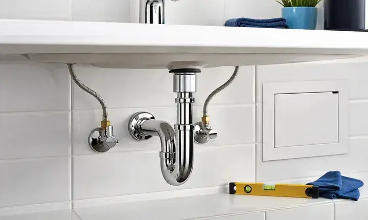 Plomberie: finitions, siphon et raccordements propres Finitions plomberie sous vasque avec siphon chrome, vannes et joints propres
