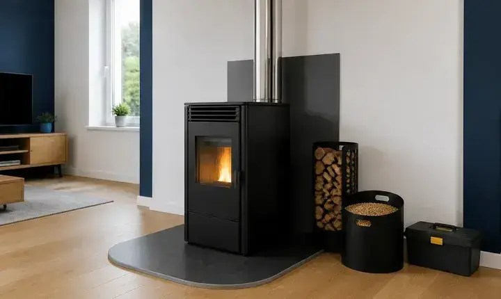 Poêle bois et granulés: finitions propres et sécurisées Finitions poêle bois et granulés avec appareil posé, conduit aligné, plaque, protection murale, bûches et pellets