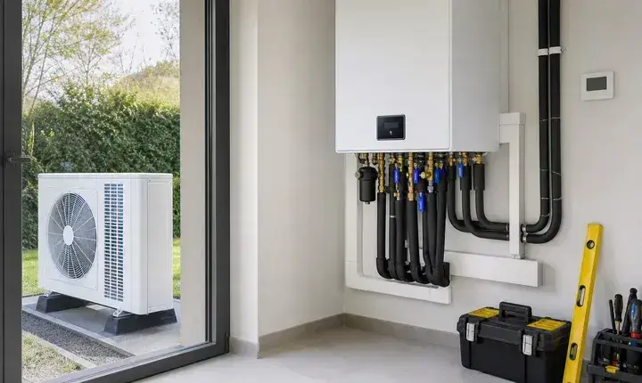 Finitions pompe à chaleur avec module mural posé, tuyaux isolés, thermostat et unité extérieure