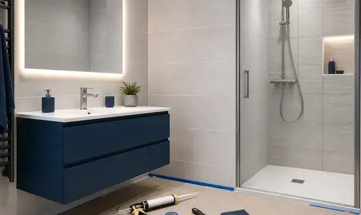 Rénovation salle de bain: finitions avec carrelage posé, joints, silicone, meuble vasque et outils