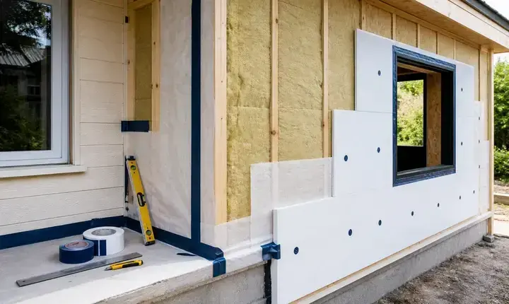 Extension maison: isolation et continuité thermique Extension maison avec isolation, membranes, jonction thermique et détail de mur
