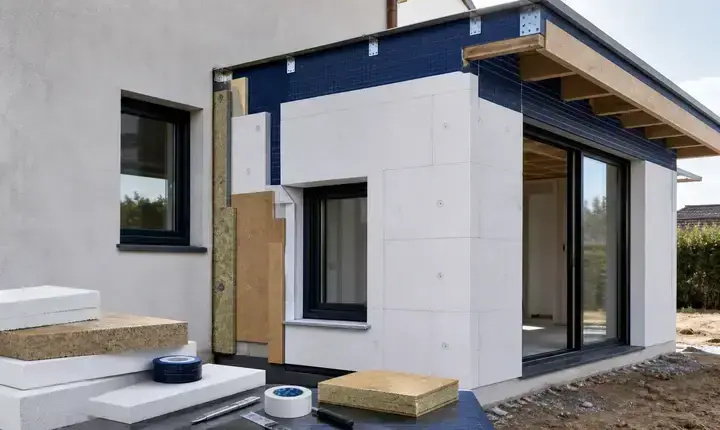 Extension maison: isolation renforcée et continuité thermique Extension maison avec isolation renforcée, panneaux isolants, membranes et ponts thermiques traités
