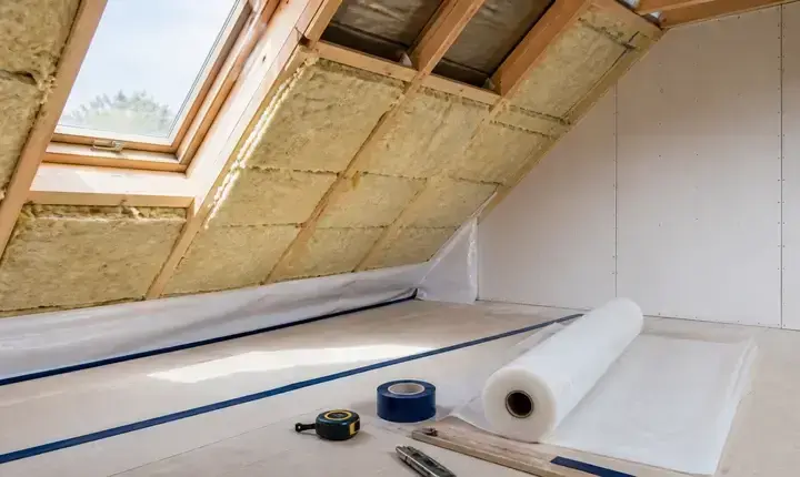 Aménagement combles: laine minérale, rampants et pare-vapeur Aménagement des combles avec laine minérale entre chevrons, membrane et outils de pose