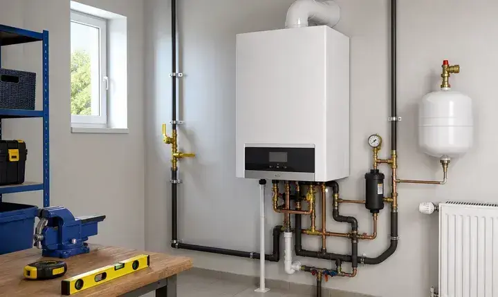 Chaudière: matériaux, fumisterie et raccordements Chaudière murale à condensation avec fumisterie, vase d'expansion, pot à boues, radiateur et raccords cuivre