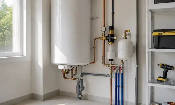 Chauffe-eau vertical avec groupe de sécurité, vase d'expansion, raccords cuivre, PER bleu et évacuation