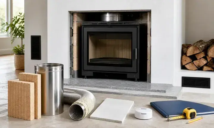 Matériaux cheminée et insert avec foyer, tubage inox, briques réfractaires, plaque de foyer, grilles et détecteur