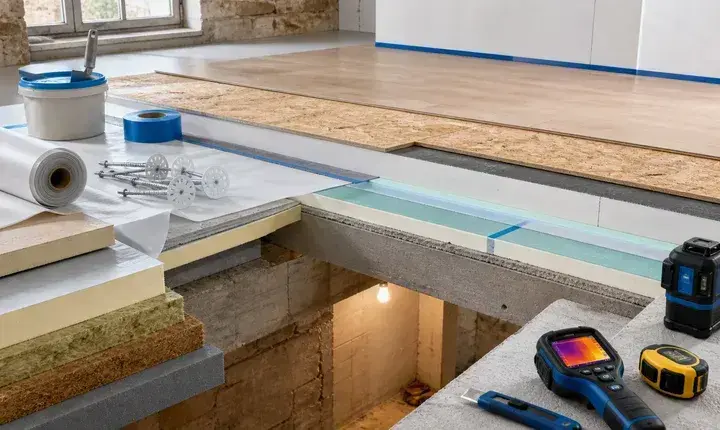 Isolation sol et plancher bas: matériaux techniques Matériaux pour isolation sol et plancher bas avec panneaux rigides, laine minérale, fibre de bois, membrane, ancrages et outils
