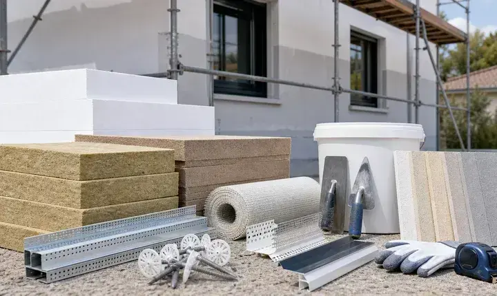 Matériaux isolation thermique extérieure avec panneaux PSE, laine de roche, fibre de bois, trame, rails, chevilles, enduit et outils