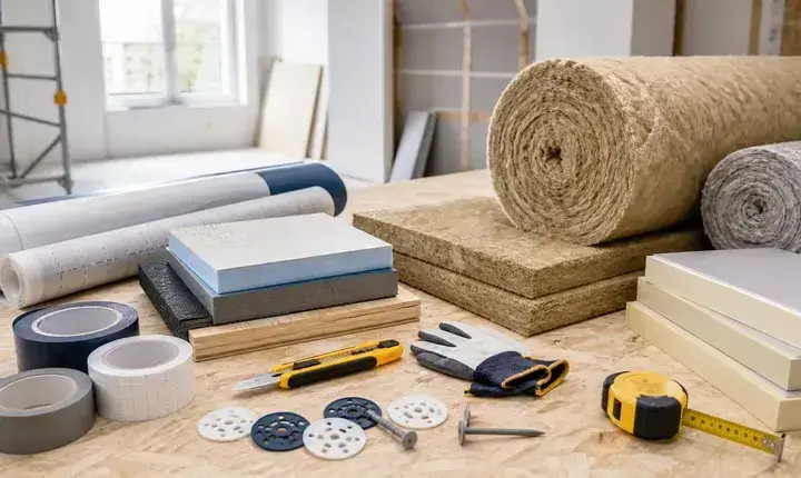 Matériaux d'isolation avec laine minérale, fibre de bois, panneaux rigides, membrane, bandes et fixations