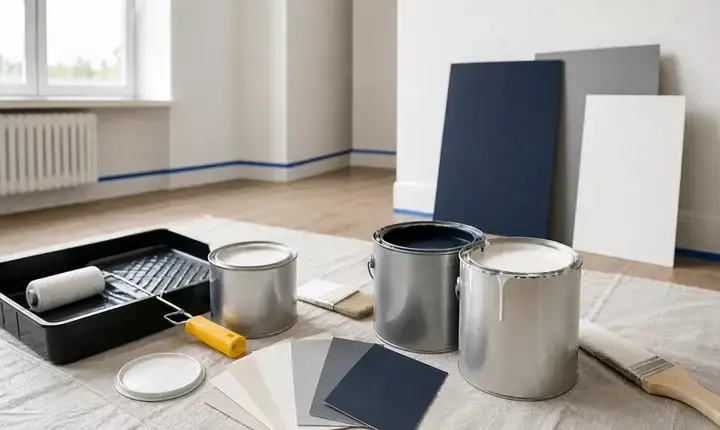 Matériaux pour peinture intérieure avec pots neutres, nuancier, rouleau et bac de peinture