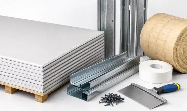 Plâtrier plaquiste: matériaux, plaques BA13, rails et isolant Matériaux plâtrier plaquiste avec plaques BA13, rails, montants, isolant, vis et bande à joint