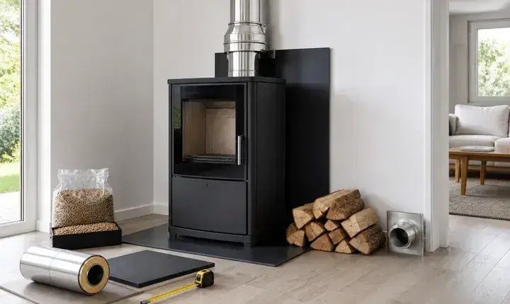 Poêle bois et granulés: matériaux, conduit et combustible Matériaux pour poêle bois et granulés avec appareil, conduit inox, plaque de sol, bûches, granulés et arrivée d'air