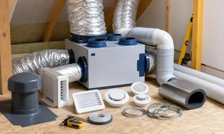 VMC et ventilation: matériaux, gaines et caisson Matériaux VMC avec caisson de ventilation, gaines isolées, bouches, entrées d'air, colliers et sortie toiture