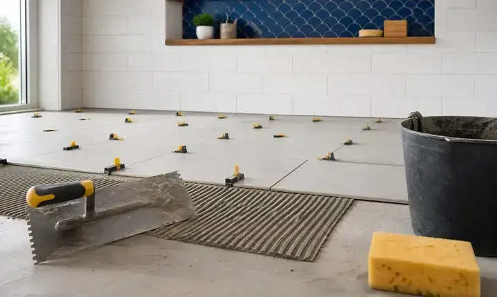 Mise en œuvre carrelage et faïence avec colle, spatule crantée, croisillons et carreaux posés