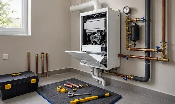 Mise en œuvre chaudière avec appareil ouvert, fumisterie, raccords cuivre, pot à boues et outils