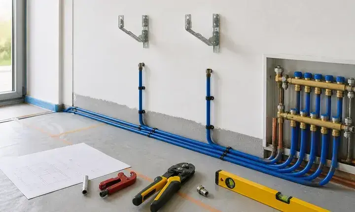 Mise en œuvre chauffage avec tubes bleus, collecteur, supports de radiateur et outils