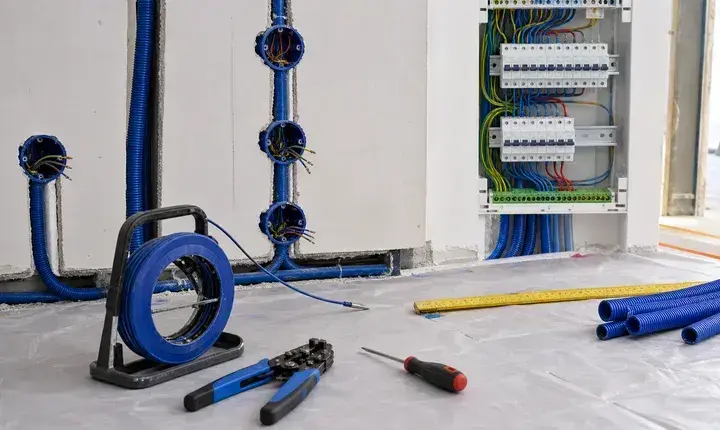 Mise en œuvre électricité avec gaines posées, boîtes d'encastrement, câbles et outils