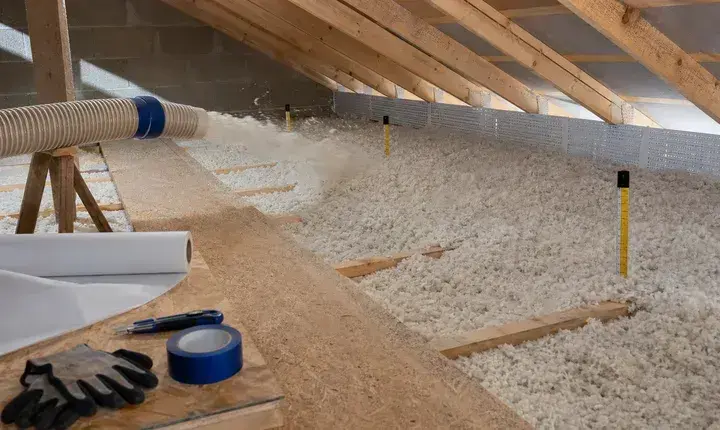 Mise en œuvre isolation des combles avec soufflage, tuyau, repères de hauteur, déflecteurs et passerelle