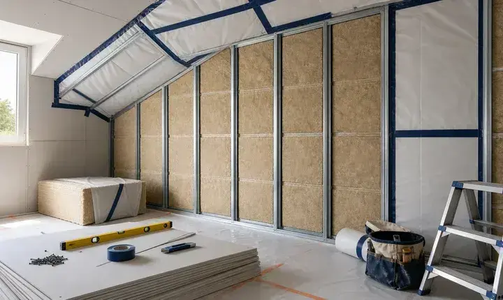 Mise en œuvre isolation avec panneaux entre montants, membrane, bandes, placo, niveau et protections