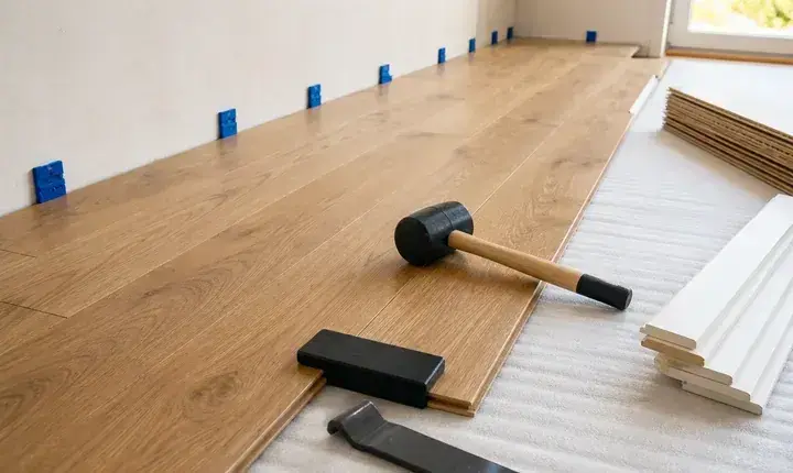 Mise en œuvre parquet avec lames, cales de dilatation et maillet de pose