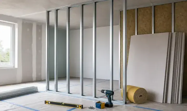 Mise en œuvre plâtrier plaquiste avec rails fixés, montants, plaques BA13, isolant, perceuse et niveau