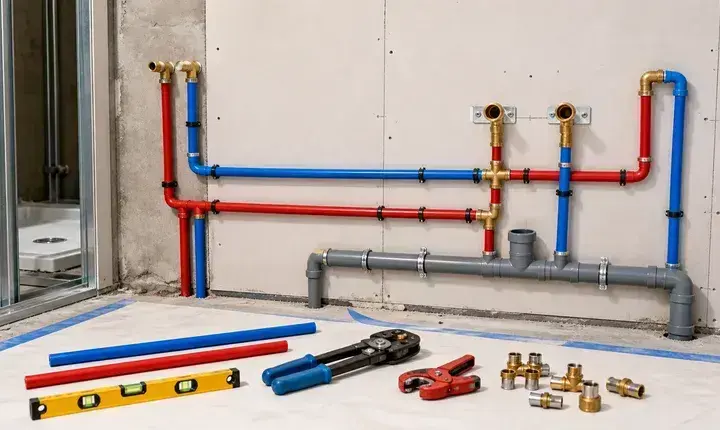 Mise en œuvre plomberie avec tuyaux PEX fixés, PVC, raccords et outils