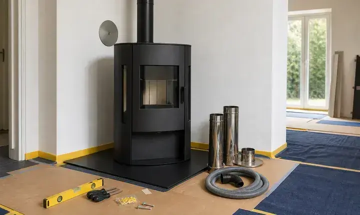 Mise en œuvre poêle bois et granulés avec appareil sur plaque, conduit à raccorder, arrivée d'air, protections et outils
