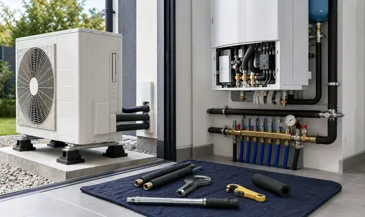 Mise en œuvre pompe à chaleur avec unité extérieure, module ouvert, raccords hydrauliques et outils