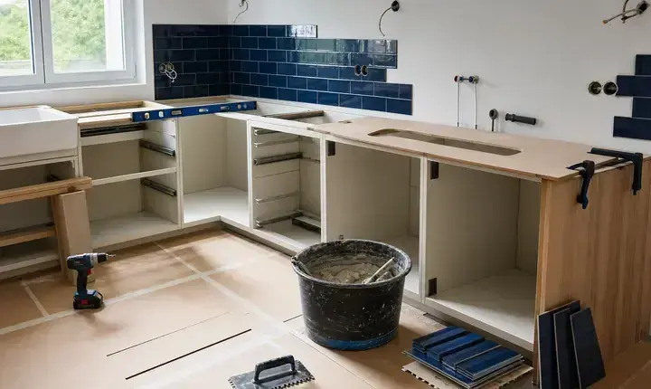 Rénovation cuisine: mise en œuvre avec meubles bas, crédence, réseaux et outils de chantier