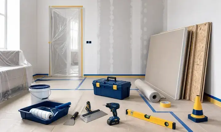 Rénovation intérieure: préparation de chantier avant mise en œuvre avec protections, outils et matériaux