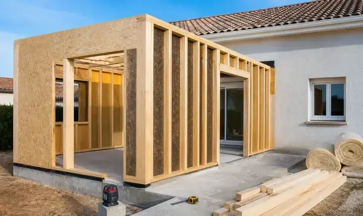 Extension maison: ossature bois et chantier rapide Extension maison ossature bois avec structure, montants, plancher et raccord à l’existant