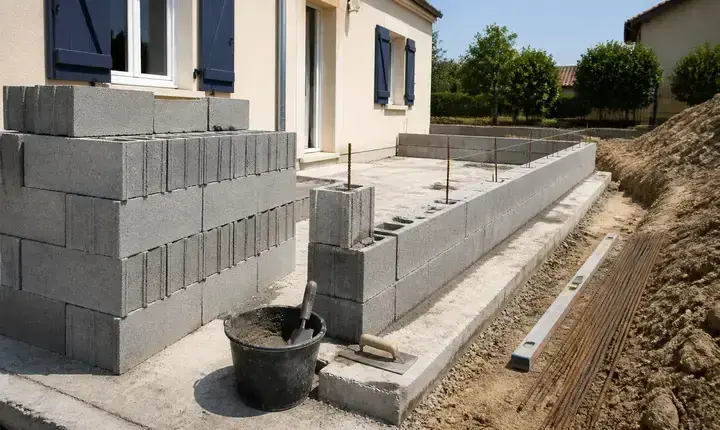 Extension maison: parpaing, maçonnerie et fondations Extension maison en parpaing avec mur maçonné, fondations et chantier d’agrandissement