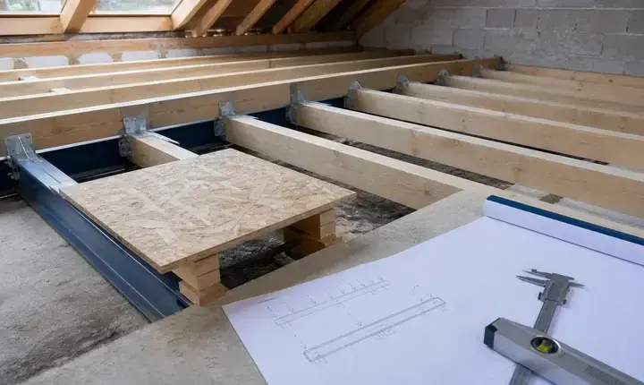 Aménagement combles: plancher porteur avec solives, renforts, OSB et plan technique