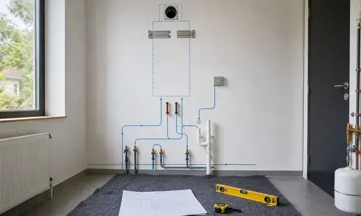 Chaudière: préparation, gabarit mural et conduits Préparation chaudière avec gabarit mural, conduit, arrivées gaz eau chauffage et tracés techniques