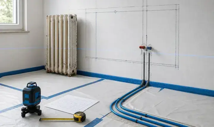 Chauffage: préparation du chantier et tracés techniques Préparation de chantier chauffage avec ancien radiateur, tracés, tubes bleus et laser