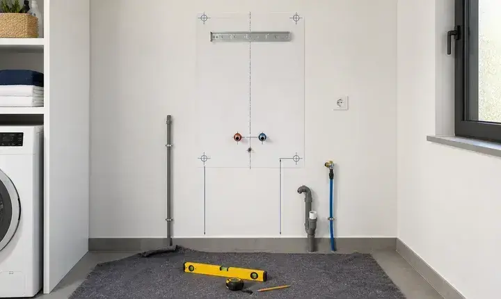Préparation chauffe-eau avec gabarit mural, arrivées eau chaude et froide, prise électrique, évacuation et niveau