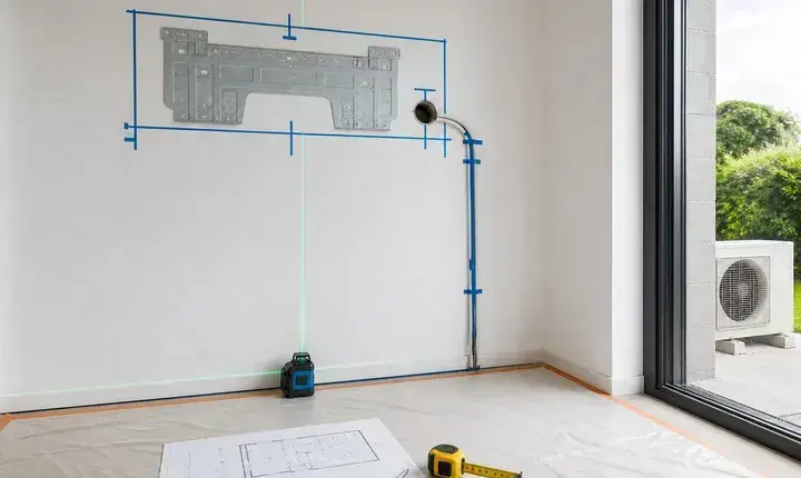 Préparation de chantier climatisation avec plaque de pose, percement, tracés et groupe extérieur