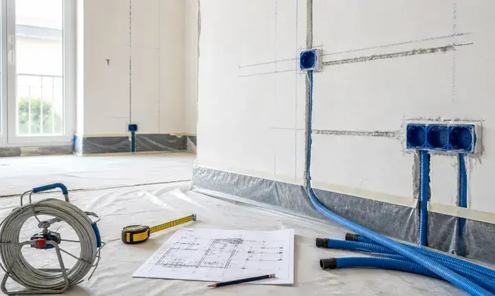 Électricité: préparation de chantier et tracés techniques Préparation de chantier électricité avec saignées, gaines bleues, plan et protections