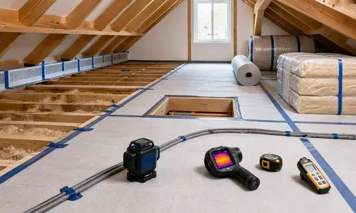 Préparation isolation des combles avec trappe, sol protégé, déflecteurs, outils de mesure et isolants prêts
