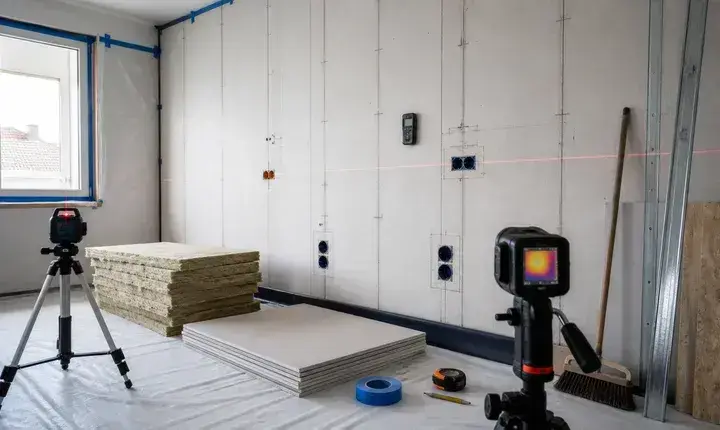Isolation murs intérieurs: préparation du chantier Préparation isolation murs intérieurs avec perete marcat, laser, caméra thermique, humidimètre, prises et matériaux