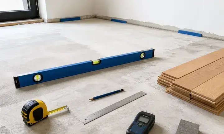 Parquet: préparation du support avant pose Préparation du support avant pose de parquet avec niveau, ragréage et contrôle de planéité