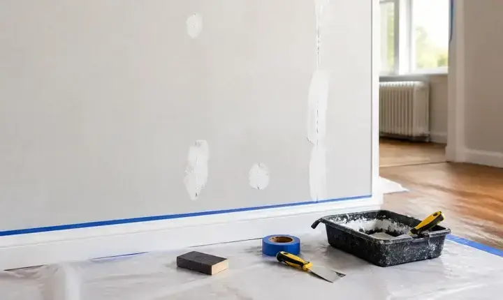 Préparation de chantier peinture intérieure avec rebouchage, ponçage, ruban et bâche