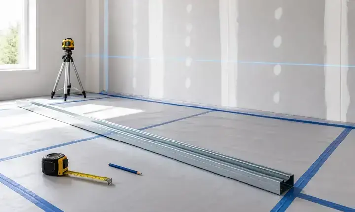 Plâtrier plaquiste: préparation du chantier et traçage Préparation chantier plâtrier plaquiste avec laser, rail au sol, bâche, mètre et tracés
