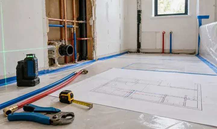 Plomberie: préparation du chantier et tracés techniques Préparation de chantier plomberie avec plan, laser, protections et tuyaux