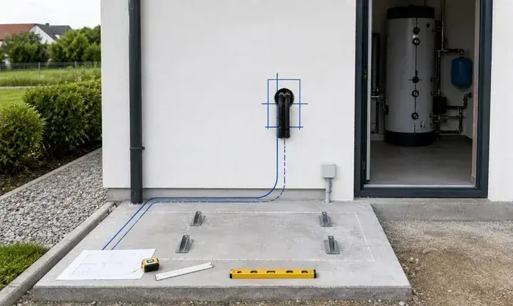 Préparation chantier pompe à chaleur avec dalle béton, tracés, percement mural et conduites isolées