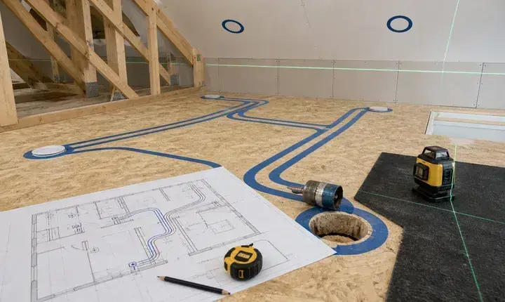 VMC et ventilation: préparation des gaines et percements Préparation VMC avec tracés de gaines, trous de bouches, plan de ventilation, laser et mètre dans les combles