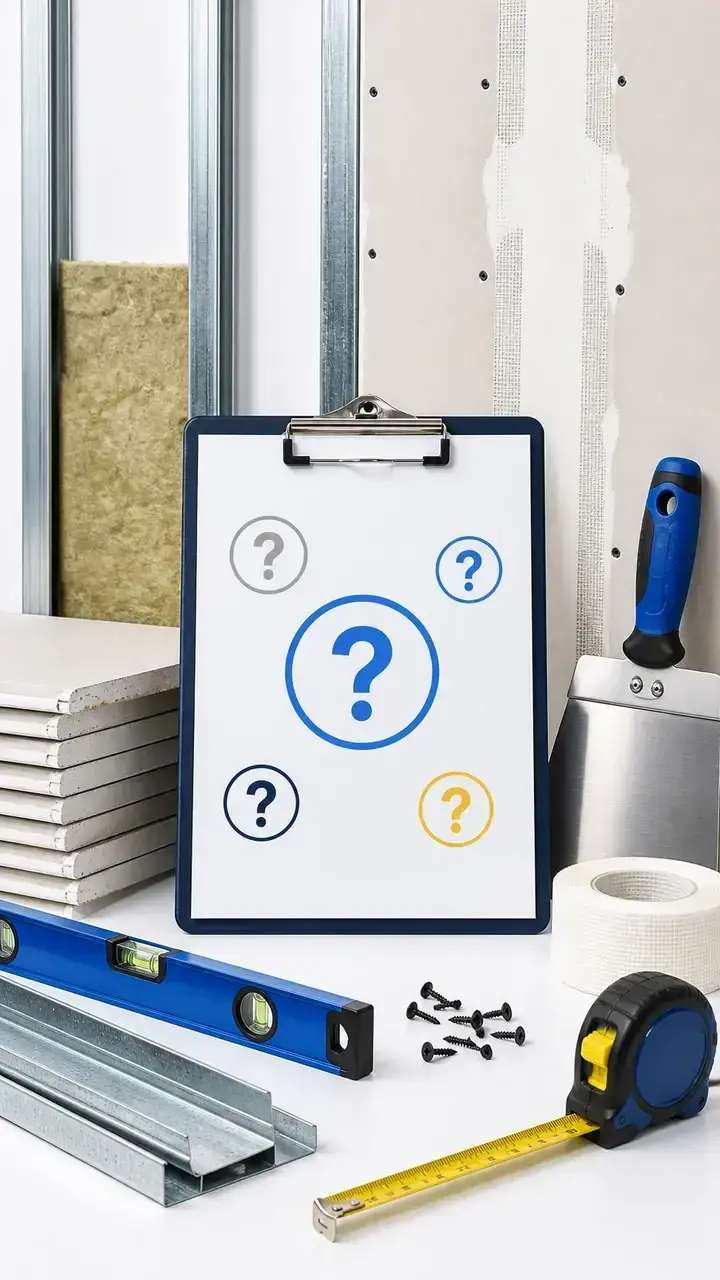 Questions fréquentes sur plâtrier plaquiste et placo Questions fréquentes plâtrier plaquiste avec clipboard, plaques BA13, rails, isolant, bande à joint et outils