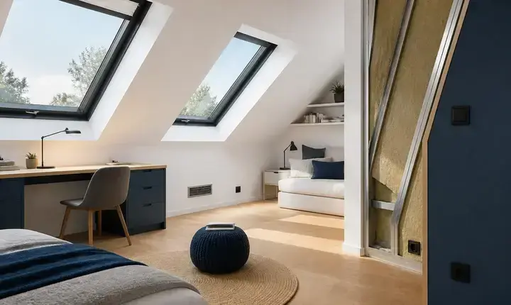 Aménagement combles: solution confort, lumière et ventilation Aménagement combles solution confort avec deux fenêtres, ventilation, prises et isolation visible
