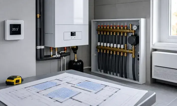 Chaudière: solution confort avec régulation par zones Solution confort chaudière avec thermostat connecté, collecteur, plancher chauffant et zones de chauffage
